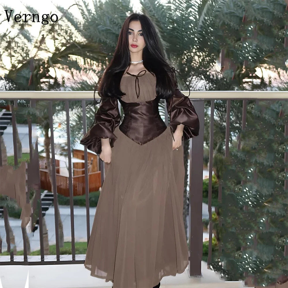 Verngo Brown Satin Evening Dress O Neck Full Sleeves A Line Formal Occasion Dresses Elegant Simple Prom Gowns Customized