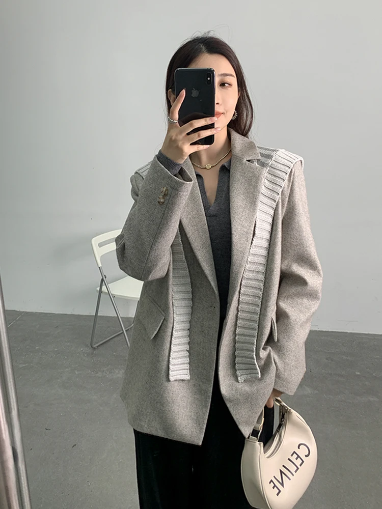 ZMEENNA Woolen Double-breasted Shawl Pockets Patchwork Solid Color Casual Fashion Women's Blazers 2024 Autumn Winter New ZM398