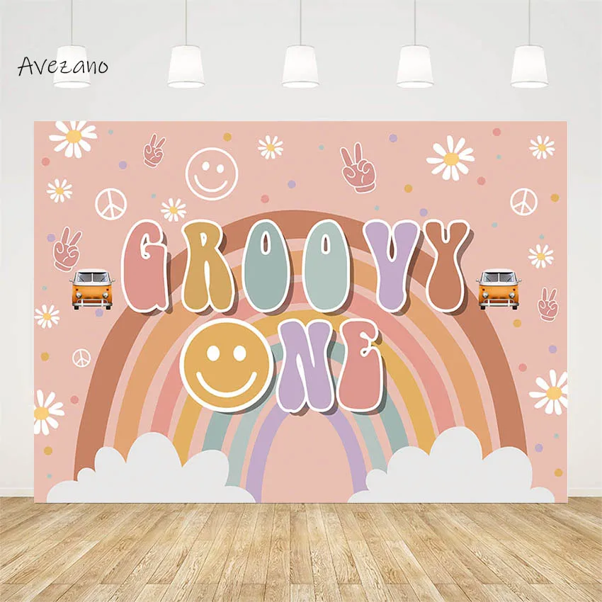 Avezano Photography Background Boho Rainbow Groovy Hippie Little Daisy Flower Baby Shower Girl Birthday Party Decor Photo Studio