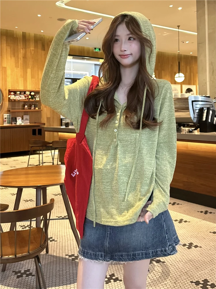 Loose Fit Korean Style Green Hoodie Long Sleeve Knitted Sweater Women's Casual Versatile Top for Autumn Season