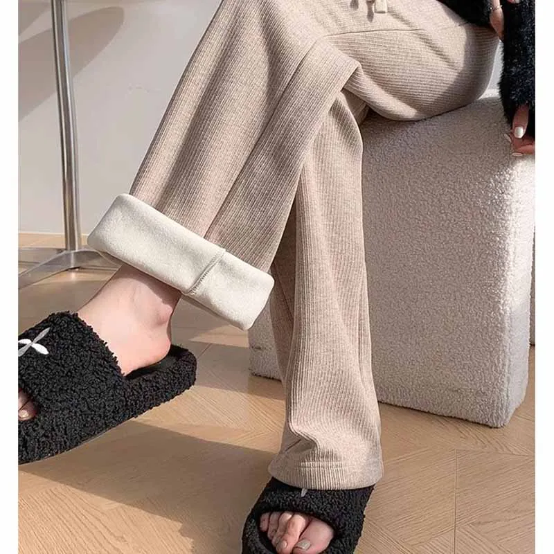 

Female Korean Loose Fit Lmitation Cashmere Knitted Straight Leg Pants Women Spring Autumn Annals Leisure Lace Up Wide Leg Pants