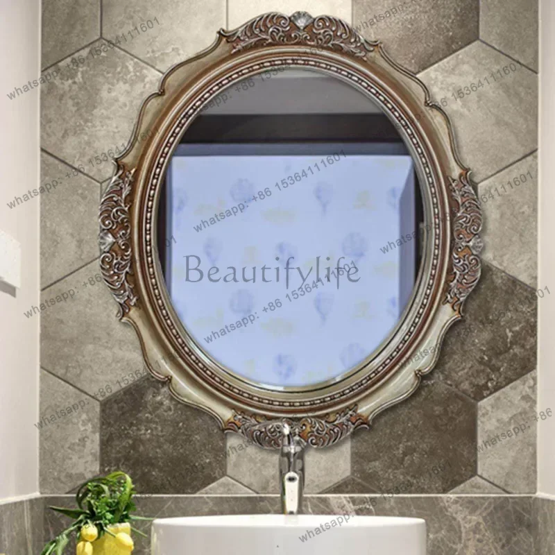Vintage Oval Ornate Wall Mirror for Bathroom Entryway Decor Artistic European Style Carved Vanity Makeup Mirror