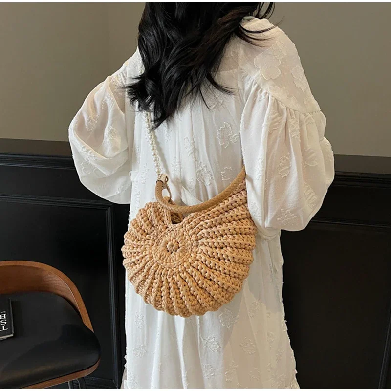 Conch Shell Knit Crochet Umhängetasche, Perlenkette, handgefertigte gewebte Damen-Umhängetasche, elegante, zarte, süße, kompakte Geldbörse – Detail 17