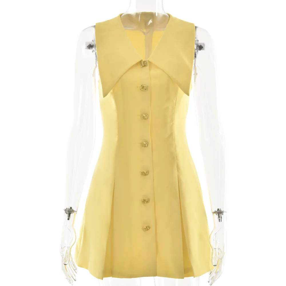 ผู้หญิงฤดูร้อน Vintage A-Line ชุดมินิแขนกุดคอปกปุ่มด้านหน้า Smocked เอว Fluted Hem ค็อกเทลปาร์ตี้ชุด