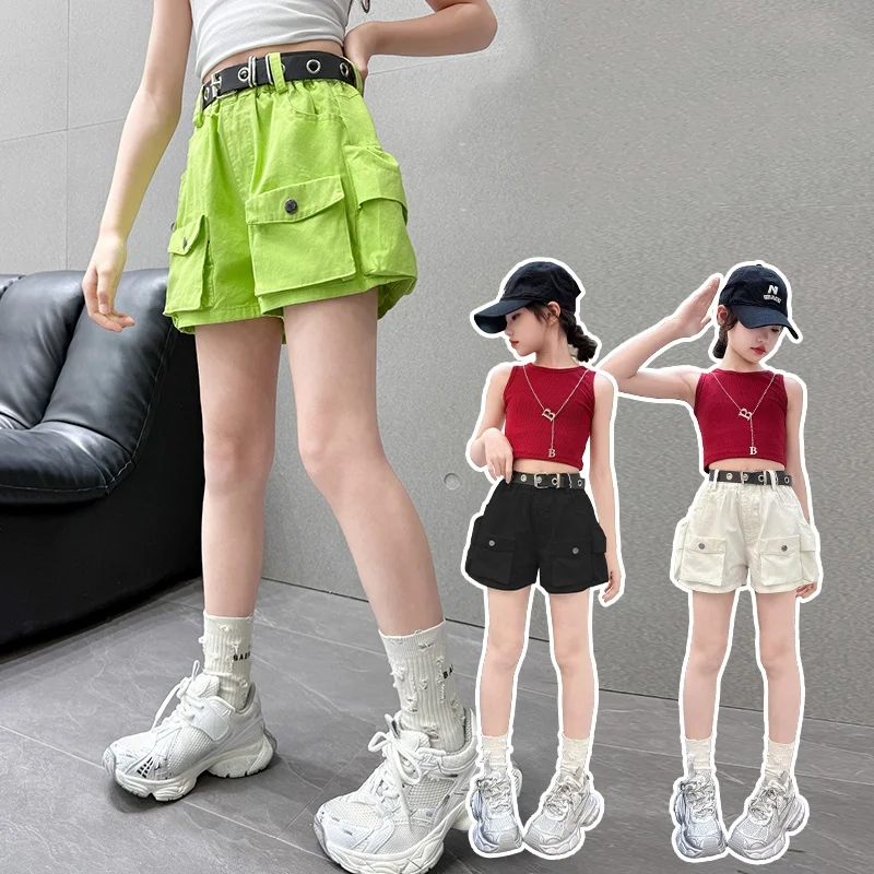 2025 Y2k Baby Girls Shorts Kids Cargo Short Pants Tween Girl Cotton Trousers Kid Shorts With Belt Toddler Cool Bottom Ages 4-14Y
