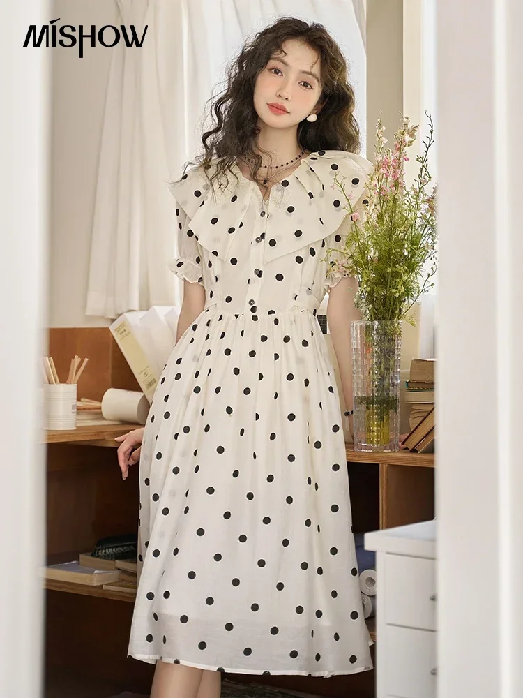 MISHOW Polka Dot Dress for Women Summer French Waist  A-LINE  Puff Sleeve Turn-down Collar Female Sweet Dresses MXC38L1452