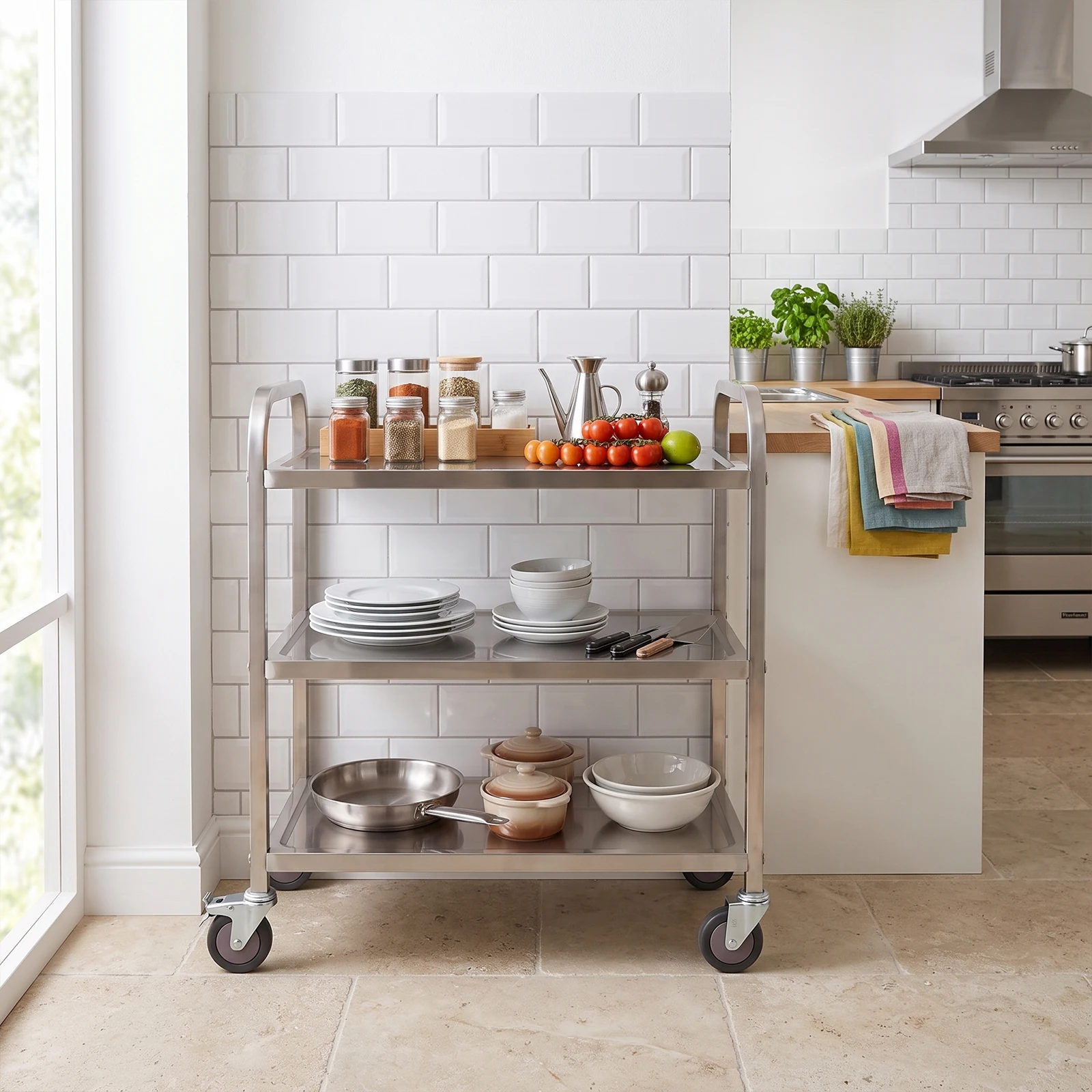 Edelstahl-Servierwagen für die Küche, 3 Etagen, 85 x 45 x 90 cm, mit 4 Universalrollen, Restaurantwagen zur Aufbewahrung und Organisation. – Detail 1