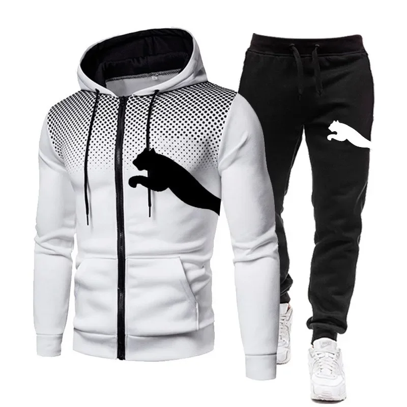 

New Spring and autumn men's casual sports suit, stylish outdoor jogging zipper warm men's hooded jacket + pants two-piece set