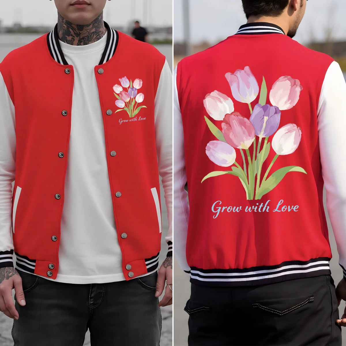 

Colorful And Beautiful Tulips Print Men Jackets Button Casual Baseball Uniform Cotton Loose Clothes Autumn Soft Sportswear