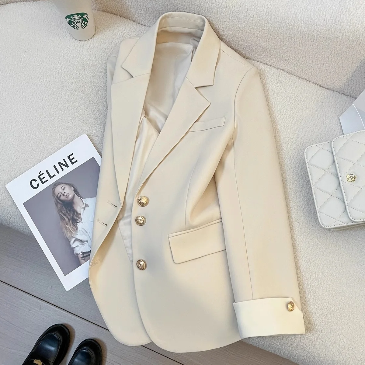 

Black Suit Jacket Women's Casual High-End Feeling Spring 2024 New Style Street Fashion Thick Polyester Fabric No Ironing Needed
