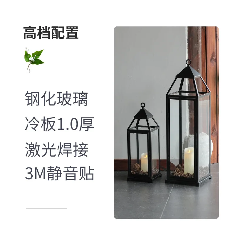 European black wrought iron floor-to-ceiling wind lamp tempered glass courtyard ornament soft decoration B & B hotel lobby