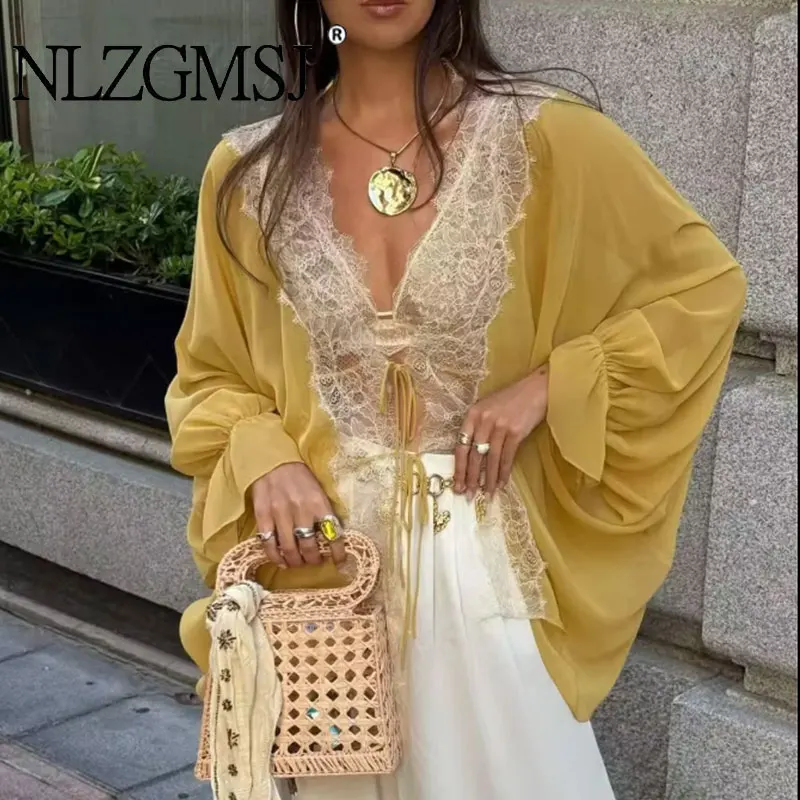 

NLZGMSJ2026 Summer Chic Lace Splicing See-through Shirts Women Elegant Leisure Lace-up Shirts Trendy Lady Oversize Ruffles Shir