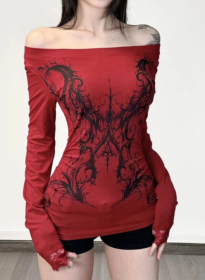 

Футболки с длинными рукавами, винтажная готическая красная футболка, женская уличная одежда в стиле Харадзюку Y2k, сексуальная с открытыми плечами