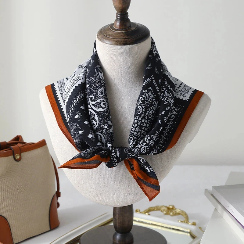100% Silk designer luxury scarf for women Spain style ethnic vintage black white Paisley print square scarf muffler neckerchief