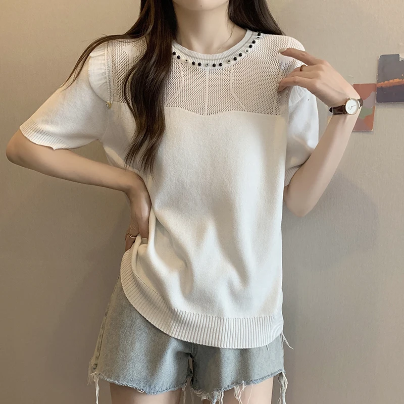 Glitter O neck knit sweater Diamond Chic Women Sweaters And Pullovers Summer thin Sexy Hollow Oversized baisc knitwears jumper