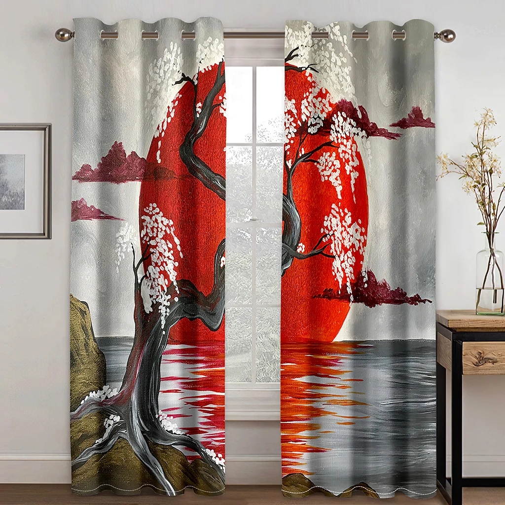 

Long Blcak Japanese Sunrise Wave Custom Thin Window Curtains For Kids Bedroom Living Room Bathroom Kicthen Door Hall Home Decor