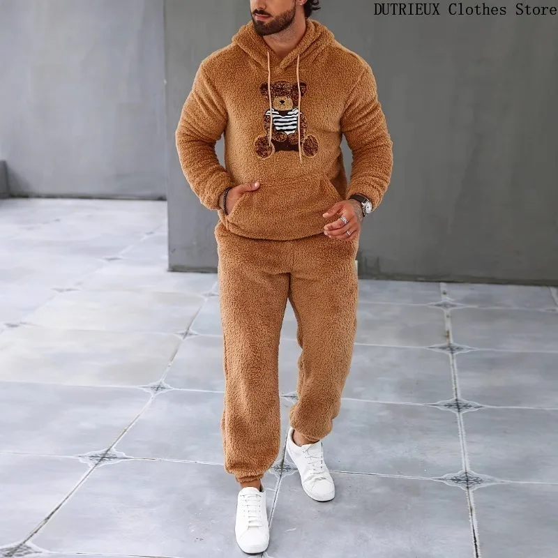 Personalized Fashion Bear Hoodie Pants Set  Autumn & Winter Thickened Warm Men's Hoodie Set Comfortable and & Home Wear Two Suit