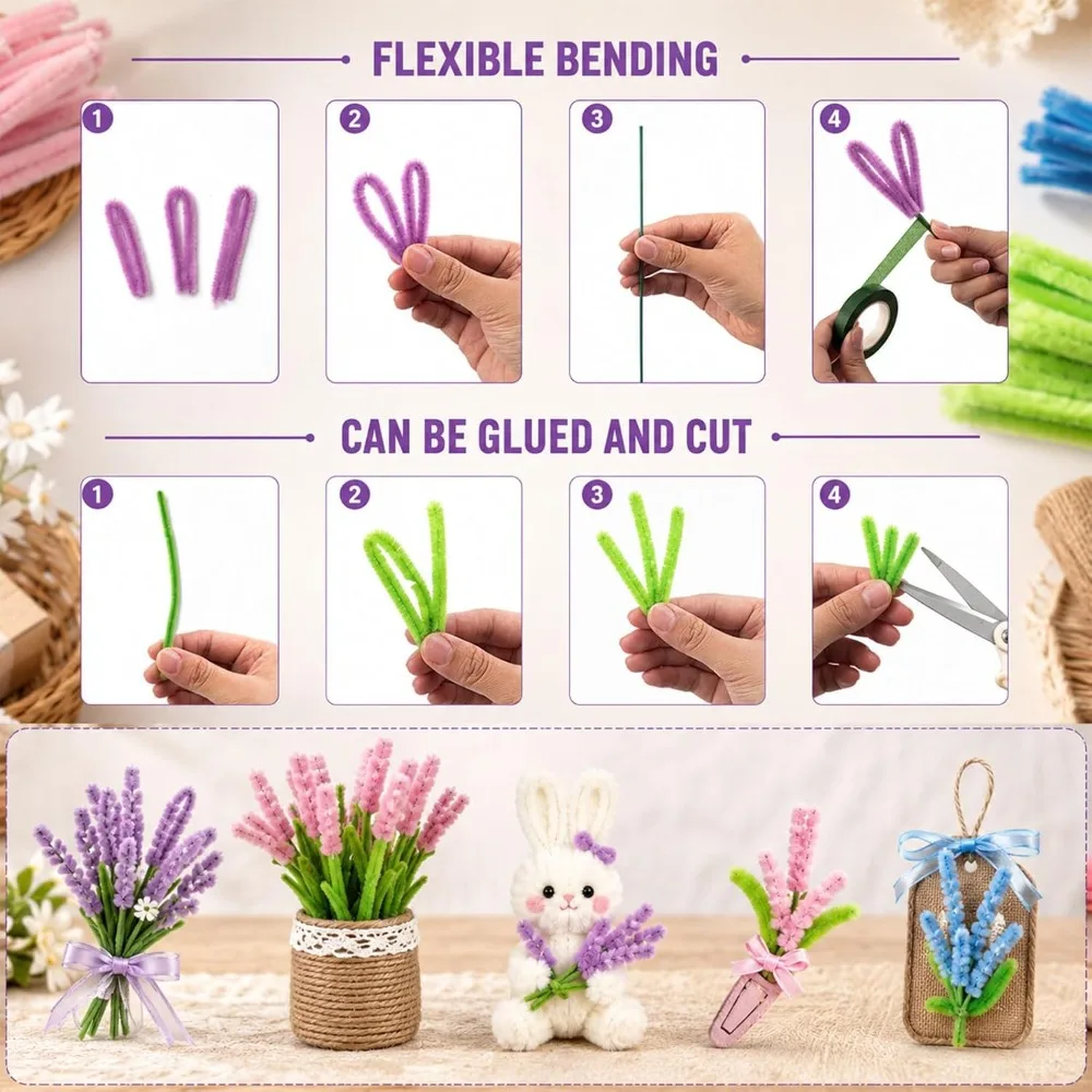 3600 Pcs 12 Inch Craft Pipe Cleaners Fluffy Chenille Stems Bulk with 50 Flower Stems, 4 Tape, 350 Stamens for DIY Art Projects, Gift Wrapping, Party Decorations view 3