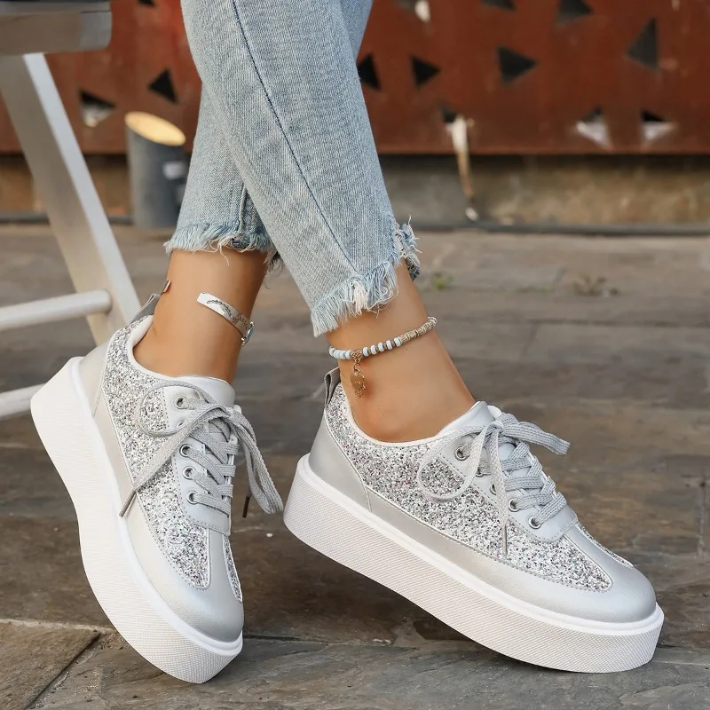 Zapatos de lentejuelas de moda, zapatos casuales para mujer, zapatos de suela gruesa de diseño moderno, calzado para hombre, zapatillas deportivas casuales con cordones.