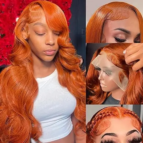 Gengibre laranja 13x6 HD perucas dianteiras do laço cabelo humano pré arrancado 350 #   Perucas de onda corporal para mulheres cabelo humano frontal laranja de densidade 210