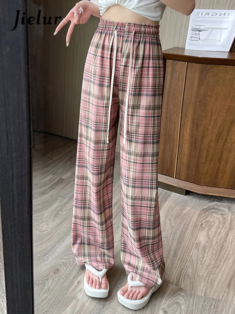 Jielur-pantalones de pierna ancha para mujer, pantalón informal de estilo coreano con cordón, cintura alta, recto, Y2k, rosa, a cuadros, Vintage, Verano