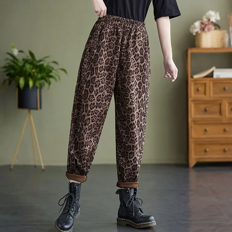 Pantaloni Harem leopardati larghi spessi in pile Vintage Streetwear pantaloni elastici Casual in vita autunno inverno abbigliamento donna Z797