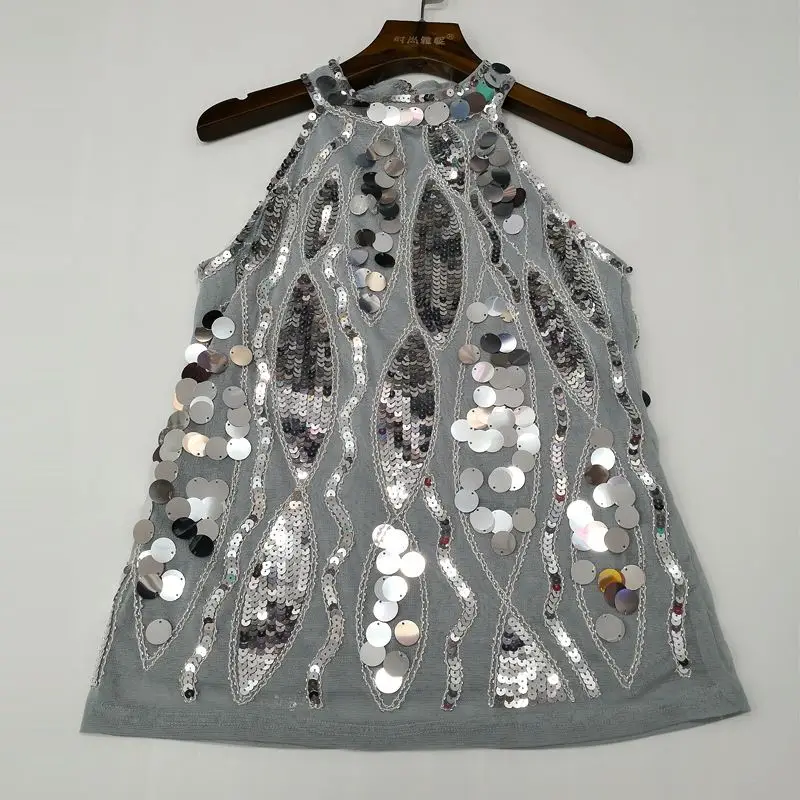 Faionable-ropa de rendimiento con adornos pesados para mujer, Tops sexys con lentejuelas colgantes, transfronterizos