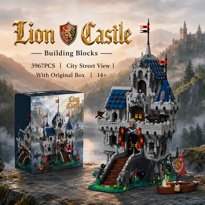 Klemmbausteine Mittelalterliche Löwenburg Modulare Bauklötze-Sets mit Boot, Stadtansicht, Königliche Architektur, Montage-Ziegelstein-Modellbausatz für Erwachsene, DIY-Geschenk, 3967 Teile