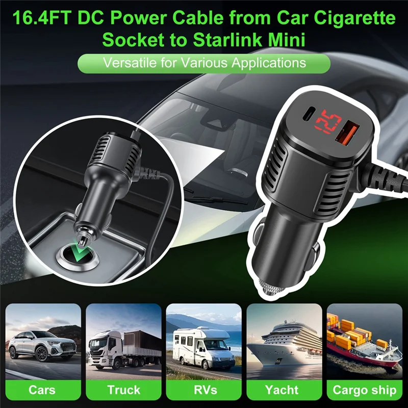 A24U Multi Functional For Starlink Mini Digital 3-In-1 Car Charging Adapter 5M For DC Power Cord 2025 New