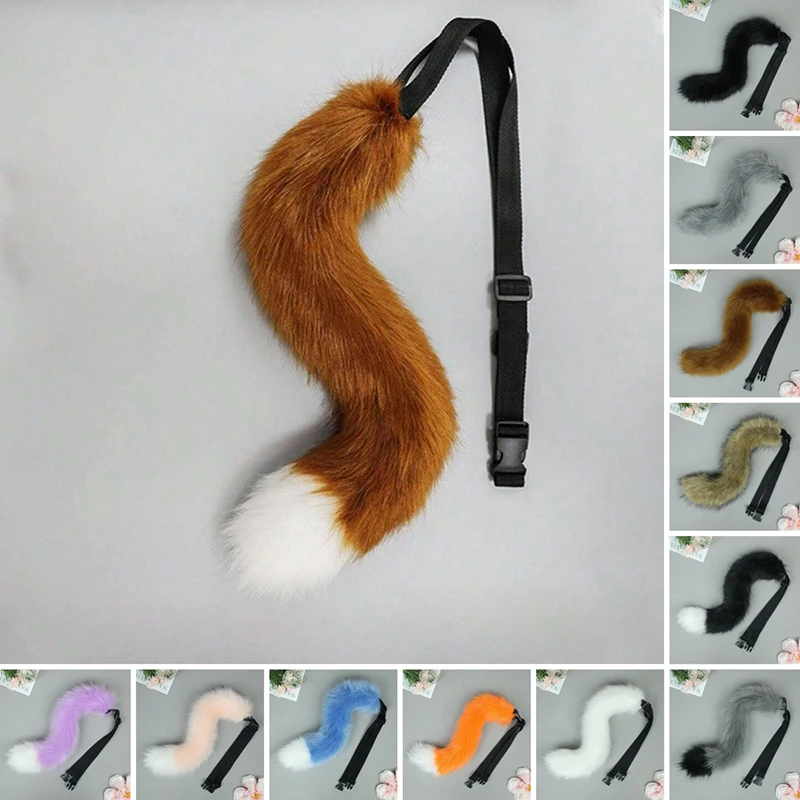 12 Colors 55CM Faux Fur Cat Tail Anime Cosplay Costume Props Furry Fox Wolf Dog Tail Fursuit Plush Tail with Adjustable Belt