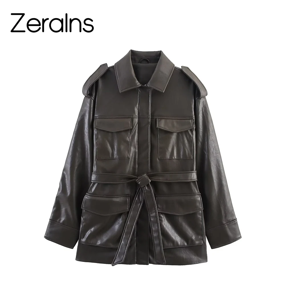

ZERAINS Autumn New Product Women's Casual Style Fashion with Belt Leather Texture Jacket Coat Leather Jacket