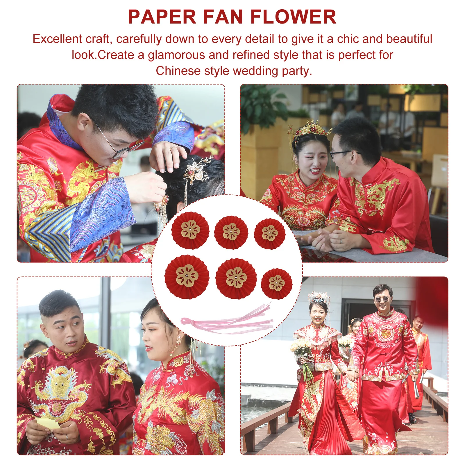 

6Pcs Red Paper Fan Flowers Chinese Style Wedding Decoration Fan Flower Ornament Hanging Party Supplies Bright Colors