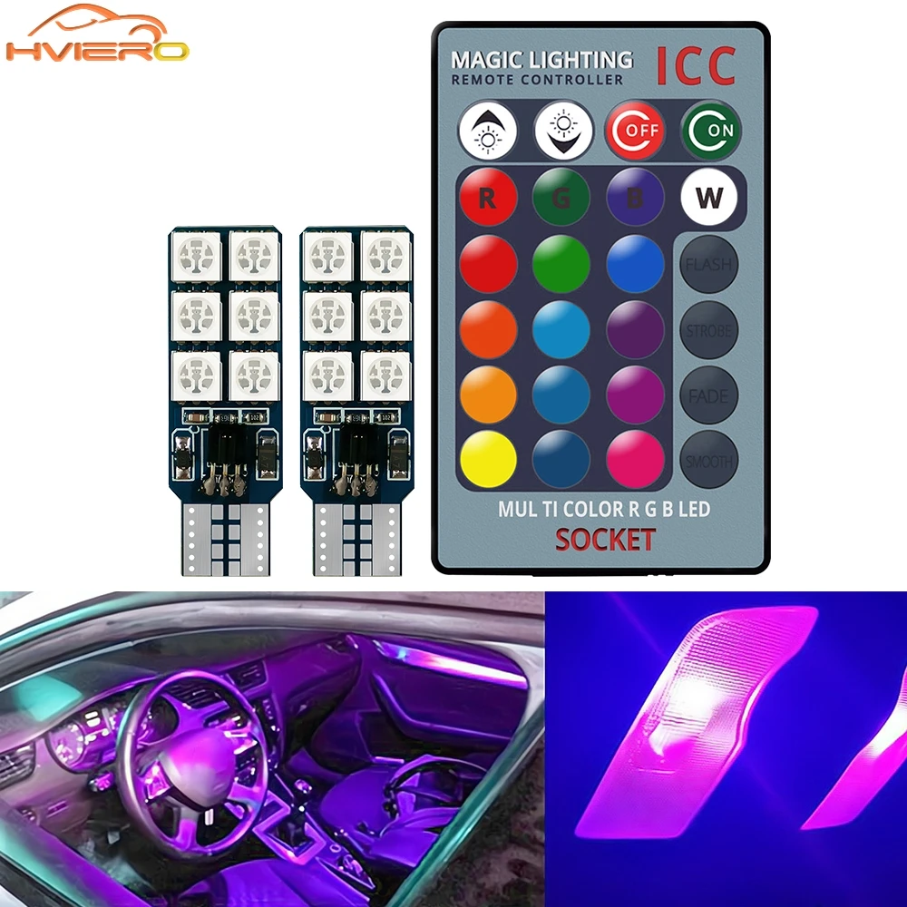 

2 шт., лампа для украшения интерьера автомобиля T10 W5W 5050 12SMD, автомобильный купольный светильник для чтения, RGB лампы с пультом дистанционного управления, 12 В постоянного тока