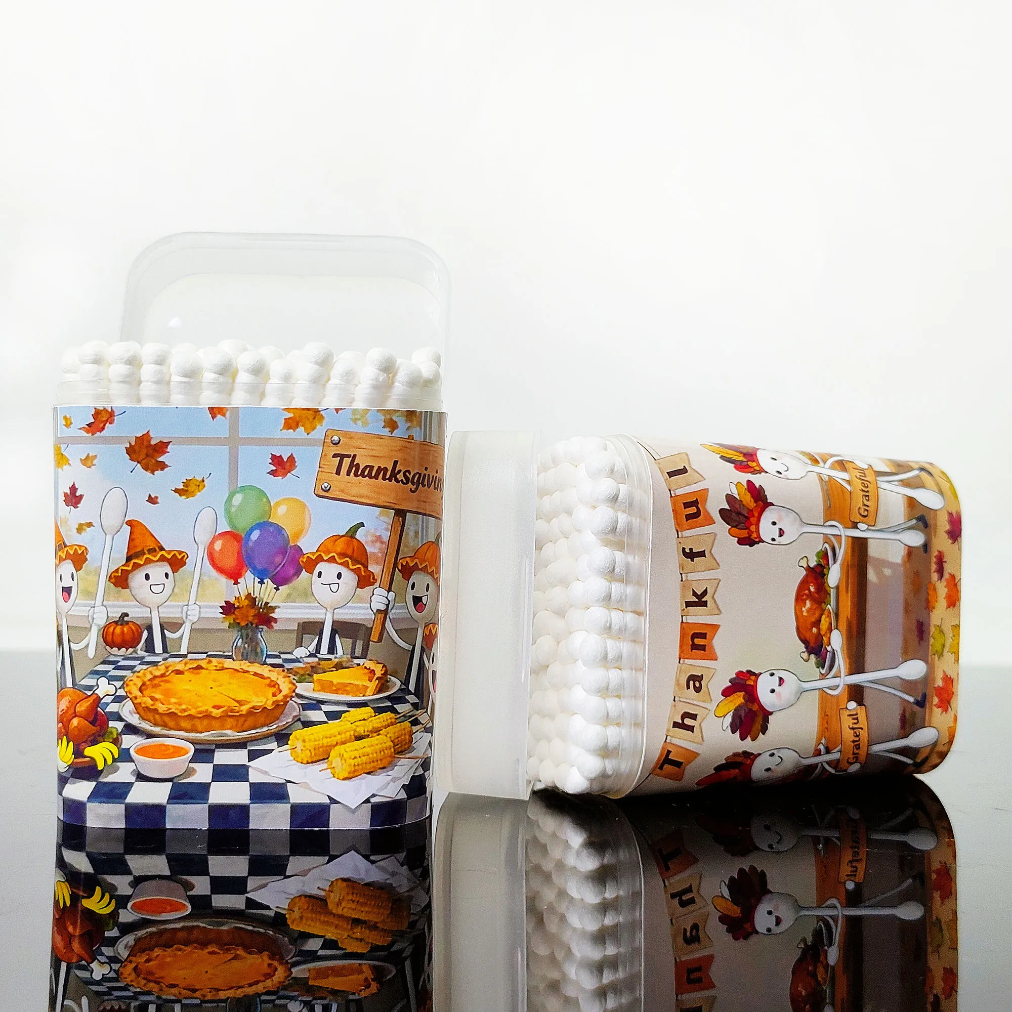200 hisopos de algodón con temática para fiesta de Acción de Gracias, fiesta de celebración de Acción de Gracias, palos de algodón gruesos con cuchara en espiral de doble punta.
