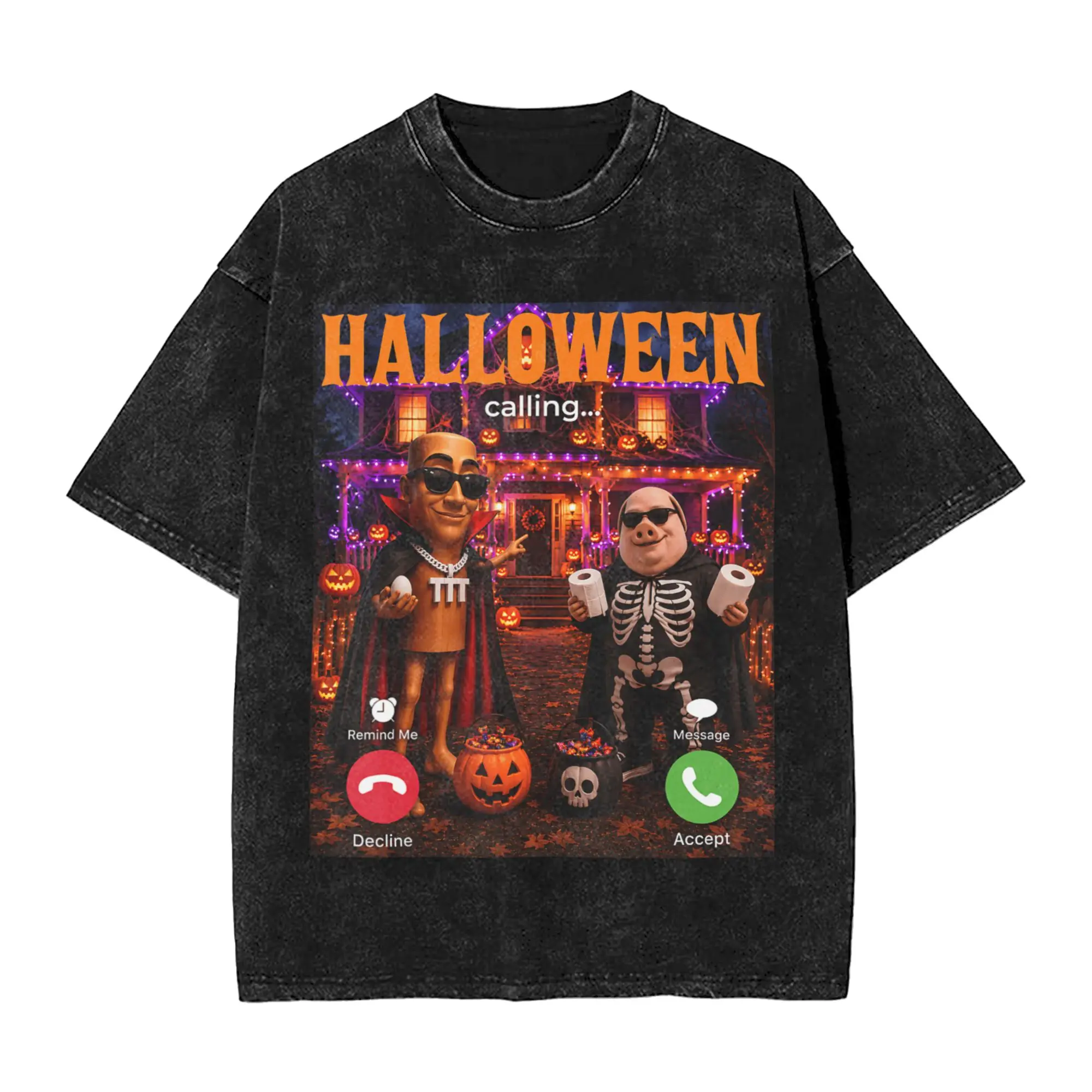 John Pork Meme Halloween Calling House Tour Party Tung Sahur T-Shirt Men Vintage Cotton Tees Round Collar Short Sleeve T Shirt