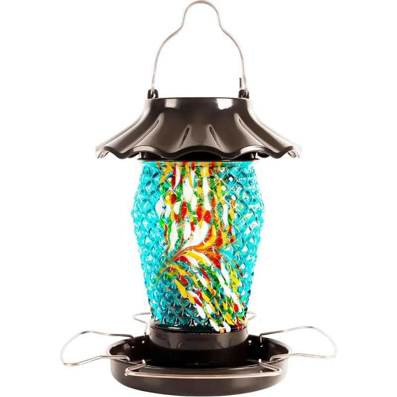 

Solar Powered Bird Feeder for Outside Hanging, Diamond Shaped Hand Blown Glass, Weatherproof, Lighted Lantern for Garden Decor