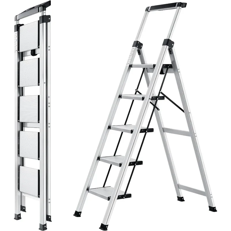 

5 Step Ladder, Retractable Handgrip Folding Step Stool with Anti-Slip Wide Pedal, Aluminum Stool Ladders 5 Steps, 330lbs