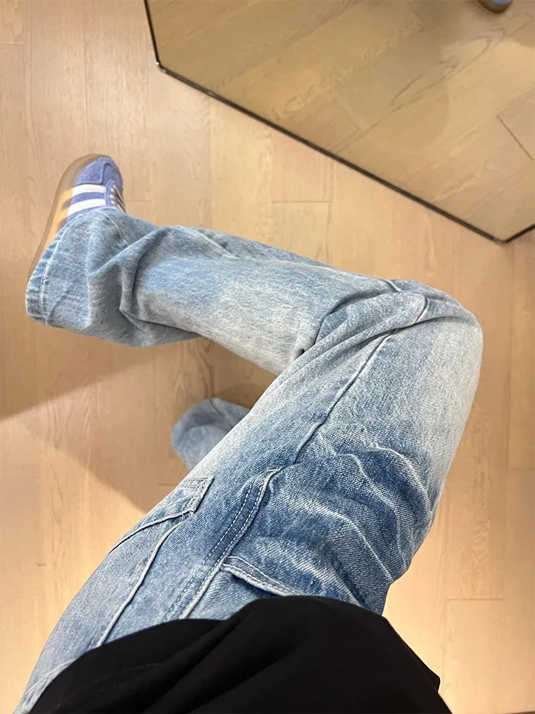 Waed Blue High Street Vibe Men's Jeans Straight Leg Slim Fit Micro Flare Autumn Clean Fit Denim mid Waist Zipper Casual