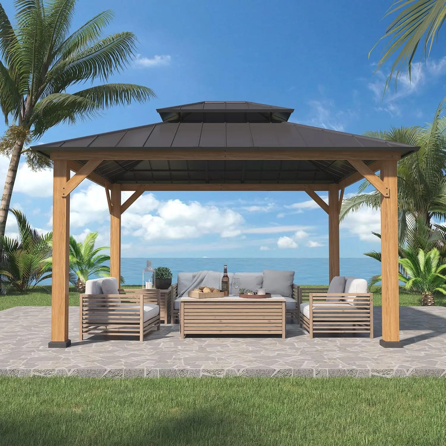 

11x13 Hardtop Gazebo, Glavanized Steel Double Roof with Cedar Wood Frame, for Patio, Deck, Lawn and Garden,Outdoor Pavilion