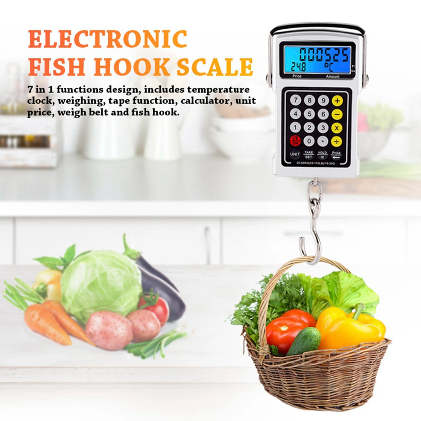 Digital Scale Electronic Fish Hook Scale 50Kg Luggage Weighing 7 in 1 Digital Hanging Scales Fish Hook Scale Hanging Scale