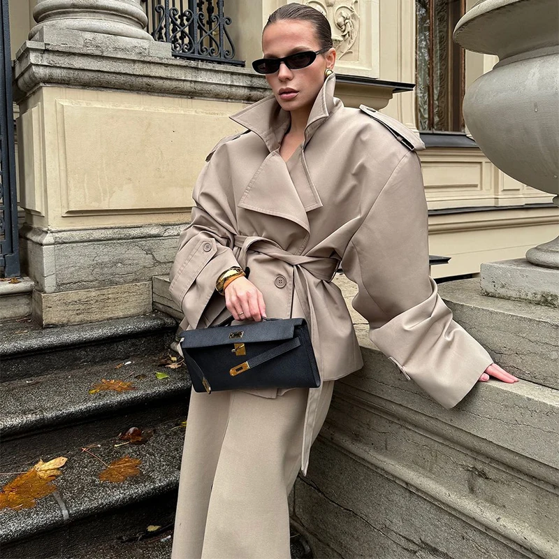Women Casual Long Trench Coat with Lapel Collar Single-Breasted Batwing Sleeves Windbreaker New Streetwear Oversized Outerwear view 6