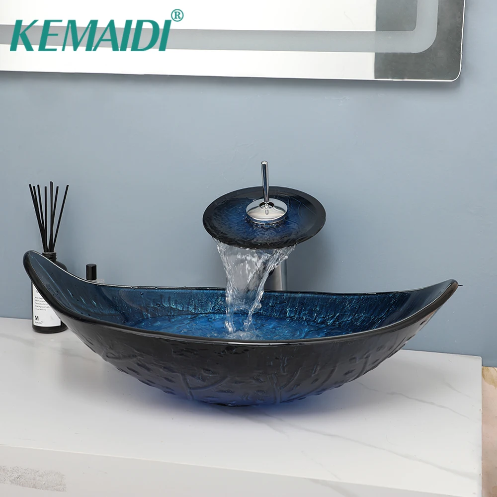 KEMAIDI Leaf Shapte Tempered Glass Wash Bowl Vessel Sink Faucet  Combo Deck Mounted Sinks w/Waterfall Mixer Washbasin Sinks Set