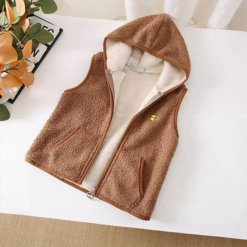 Autumn Winter Lamb Wool Plus Velvet Children Vest  Sleeveless Hooded Outerwear Solid Casual Vest Baby Boy Girl Warm Kids Coat