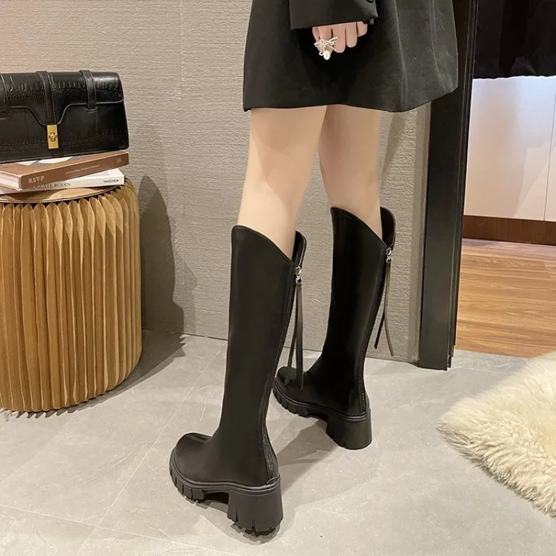 Women's Knee-High Boots Round Toe Chunky Block Heel Platform Lugged Outsole with V-Cut Collar and Smooth Finish for Daily Walk