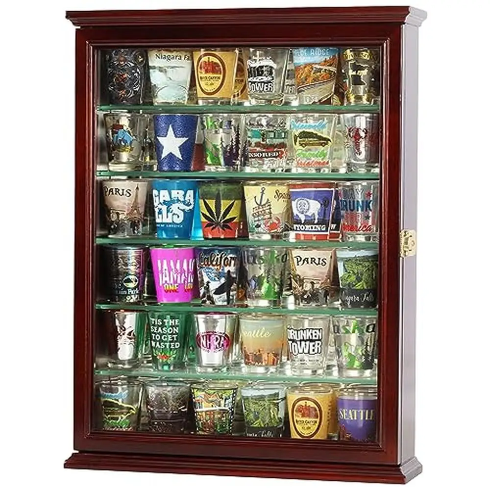 Wall Mountable Shot Glass Display Case Holder with Mirror Background and Wooden Cabinet 36 Slots Hardwood Material Modern Style