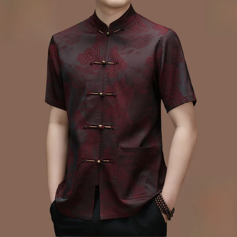 pierre-cardin-silk-shirt-men's-short-sleeve-birthday-wedding-banquet-stand-collar-dad-formal-wear-set-chinese-tang-suit