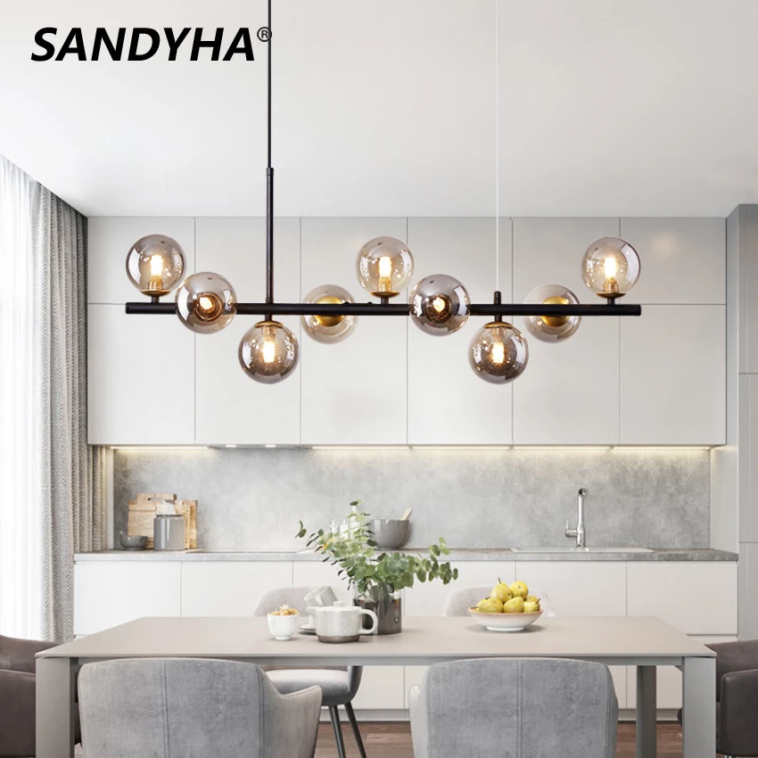 SANDYHA Modern Magic Bean LED Chandeliers Gray Black Glass Ball Hanging Lamps for Living Dining Table Bedroom Pendant Lighting