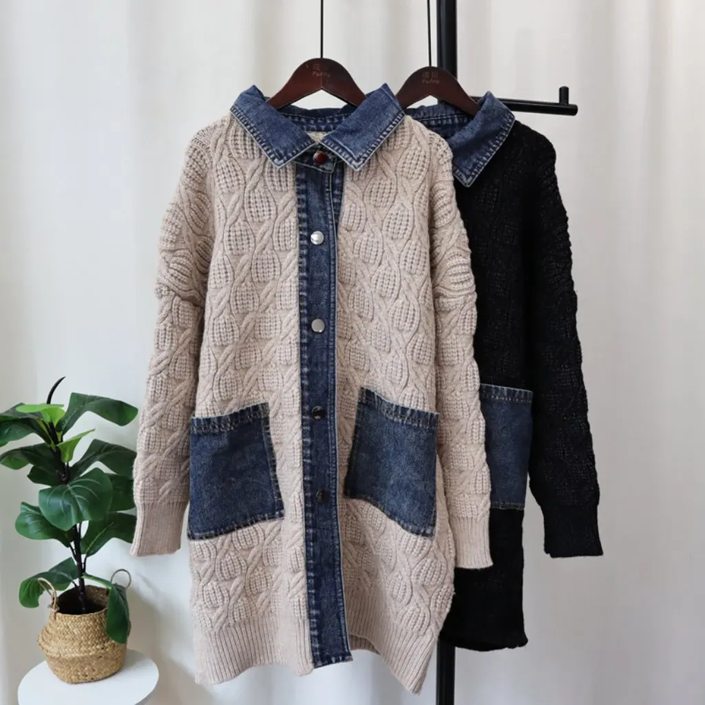 

Women's Thick Needle Sweater Cardigan Lazy Style Loose Stitching Denim Knitted Long Coat for Autumn Winter Korean Fashion
