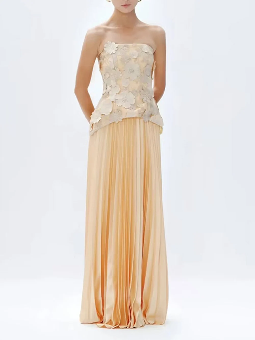 Modphy Elegant Two Piece Sets For Women Solid Splicing Embroidered Flower Strapless Top+Pleated Long Skirt Set Female New