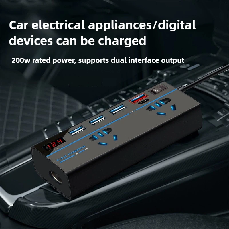 200W Car Power Inverter 12v/24v to 110V 220V Converter Type-C Multi-function Charger Socket Fast Charger Car Power Converter